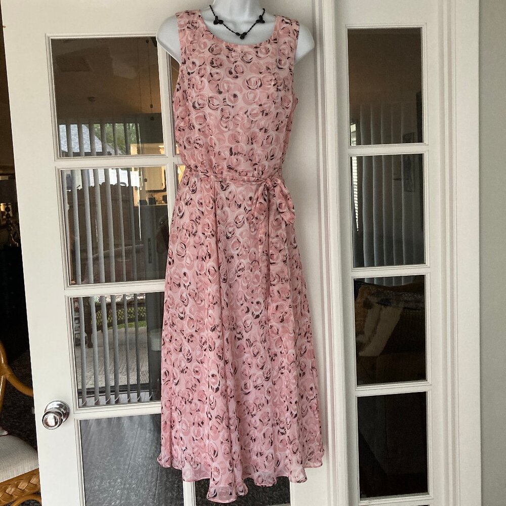 Evan Picone Black Label  Vintage Sleeveless Pink Floral Chiffon  Midi Dress 10